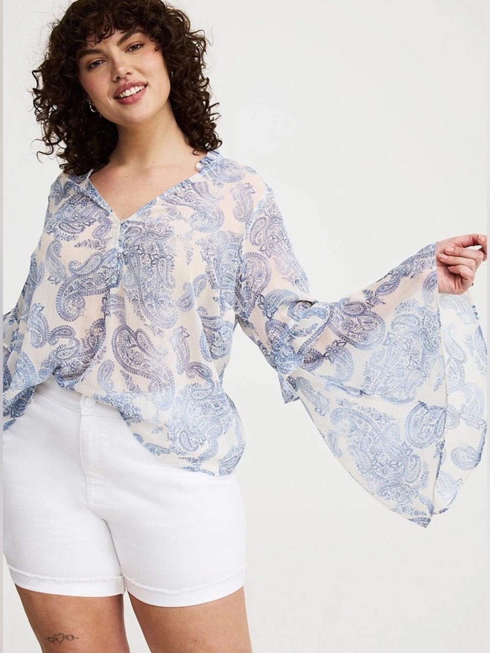 Torrid Plus Size 2X Blue Paisley Chiffon Ruffle Sheer Top Tiered Bell Sleeves